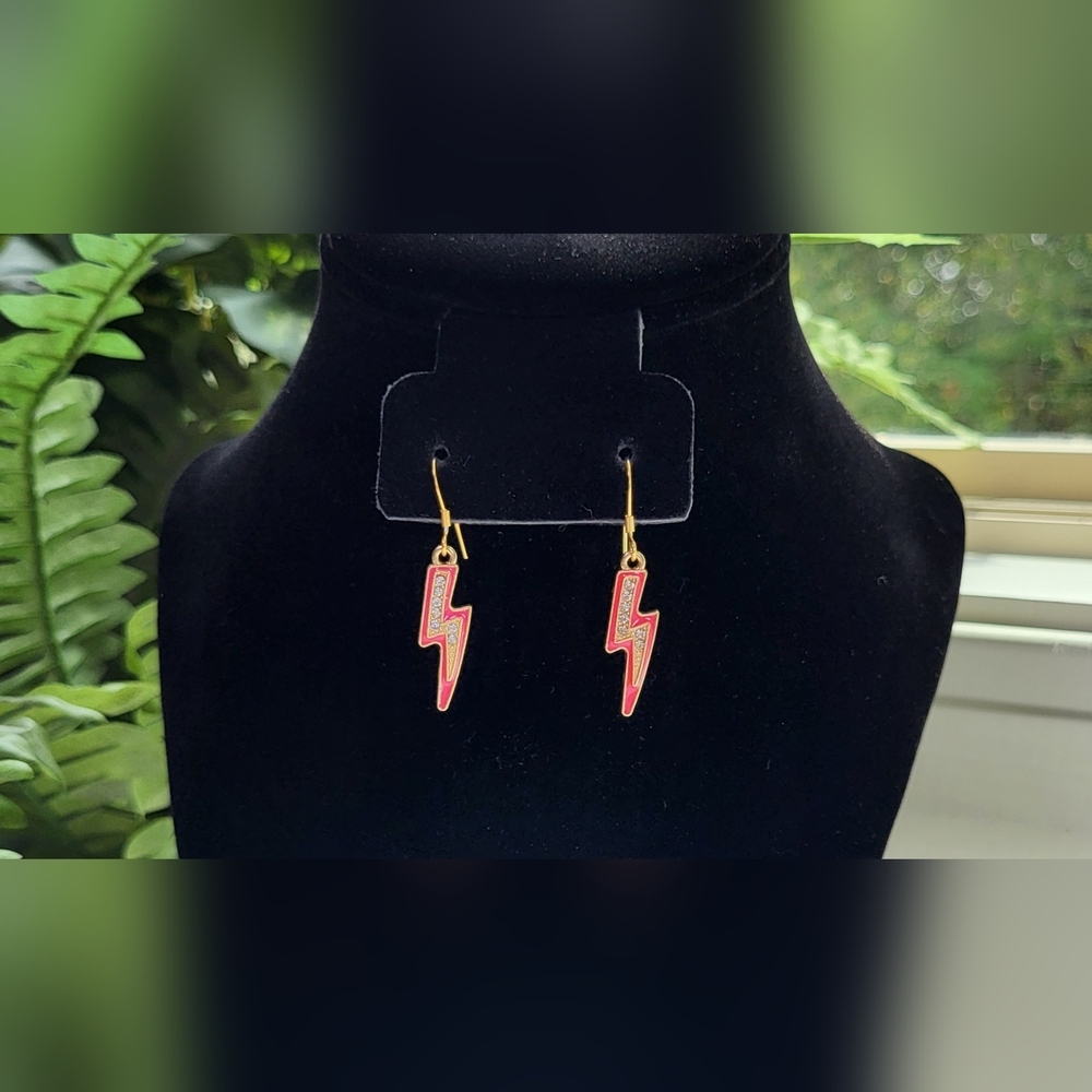 Hot Pink and Rhinestone Lightning Bolt Statement Dangle Earrings / Pierced - Picture 4 of 6